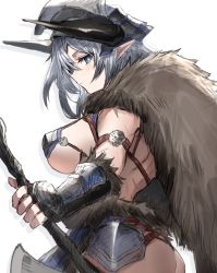 Rule 34 | 1girl, absurdres, armor, ass, axe, back, bare shoulders, breasts, cape, character request, closed mouth, copyright request, fingerless gloves, fur cape, gauntlets, gloves, grey eyes, grey hair, highres, holding, holding axe, holding weapon, horn/wood, horns, large breasts, long hair, looking at viewer, looking back, pointy ears, simple background, solo, weapon, white background
