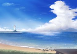 Rule 34 | aircraft, airplane, artist name, beach, blue sky, cloud, commentary request, day, highres, hiro (haruumi0120), lighthouse, mountainous horizon, no humans, ocean, original, outdoors, scenery, shore, sky, water, watermark