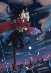Rule 34 | 1girl, aqua eyes, black bow, black hair, black pantyhose, black skirt, bow, brown footwear, brown jacket, cloud, coat, fate/stay night, fate (series), floating hair, full body, full moon, hair bow, highres, holding, holding jewelry, holding necklace, jacket, jewelry, loafers, long hair, looking at viewer, moon, neck ribbon, necklace, night, outdoors, pantyhose, parted lips, red coat, red ribbon, ribbon, shirt, shoes, skirt, sky, solo, star (sky), starry sky, tohsaka rin, twintails, two side up, white shirt, yorktown cv-5