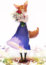 Rule 34 | 1girl, animal ears, black footwear, blue eyes, blue flower, blue skirt, blueorca, bouquet, dress, eyes visible through hair, flower, fox ears, fox tail, highres, holding, holding bouquet, long skirt, looking at viewer, medium hair, hugging object, one eye closed, orange hair, original, parted lips, plant, red flower, red neckwear, red rose, rose, see-through, see-through silhouette, short eyebrows, silhouette, simple background, skirt, smile, solo, standing, tail, white background, white flower