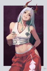 Rule 34 | 1girl, absurdres, adapted costume, alternate costume, arm behind back, armpits, bani-lizo, bare arms, bare shoulders, blush, border, breasts, cleavage, collarbone, contrapposto, cowboy shot, cropped shirt, earrings, gradient hair, green hair, grey hair, grin, head tilt, highres, hip vent, hoop earrings, horns, jewelry, lips, looking at viewer, medium breasts, midriff, multicolored hair, navel, nose, nostrils, one piece, oni horns, outside border, panties, pants, panty peek, pantyslip, purple background, red eyes, red horns, red pants, shirt, simple background, sleeveless, sleeveless shirt, smile, solo, standing, stomach, teeth, tsurime, two-tone background, underwear, v-neck, white border, white shirt, yamato (one piece)