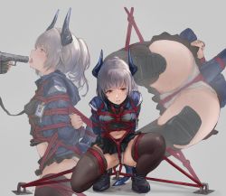 Rule 34 | absurdres, arknights, bdsm, bondage, bound, clothes lift, crotch rope, demon girl, demon horns, gun, highres, hood, hoodie, horns, kneeling, liskarm (arknights), midriff, military, military uniform, miniskirt, name tag, panties, peril, restrained, rope, shibari, silver hair, skirt, skirt lift, tagme, tail, thighhighs, tongue, tongue out, underwear, uniform, weapon, white panties, yellow eyes