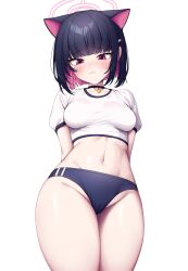 Rule 34 | 1girl, absurdres, animal ears, arms behind back, bad id, bad twitter id, black choker, black hair, blue archive, blue buruma, breasts, buruma, cameltoe, choker, closed mouth, colored inner hair, cowboy shot, crop top, frown, gym uniform, halo, highres, kazusa (blue archive), looking at viewer, medium breasts, metaljelly, midriff, multicolored hair, navel, pink hair, red eyes, shirt, short hair, short sleeves, simple background, solo, standing, stomach, thighs, white background, white shirt
