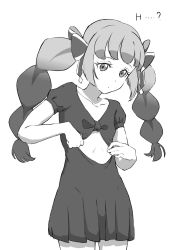 Rule 34 | ..., 1girl, ?, bow, braid, closed mouth, clothing cutout, copyright request, cowboy shot, dot mouth, dot nose, dress, flat chest, gradient hair, greyscale, hair bow, highres, monochrome, multicolored hair, osame, puffy short sleeves, puffy sleeves, short dress, short sleeves, simple background, solo, standing, stomach cutout, twin braids, white background