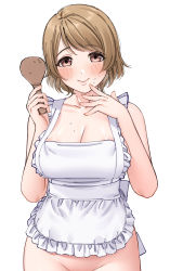 Rule 34 | 1girl, absurdres, apron, areola slip, bare arms, bare shoulders, blush, breasts, brown eyes, brown hair, cleavage, closed mouth, collarbone, commentary, cowboy shot, fingernails, food, food on body, food on breasts, food on face, frilled apron, frills, groin, hand to own mouth, hands up, highres, holding, koizumi hanayo, large breasts, looking at viewer, love live!, love live! school idol project, naked apron, out-of-frame censoring, paid reward available, rice, rice on face, shamoji, short hair, simple background, smile, solo, standing, white apron, white background, yonsi
