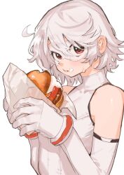 Rule 34 | 1girl, bare shoulders, bracelet, bukimi isan, burger, eating, food, gloves, highres, jewelry, looking at viewer, mask, red eyes, short hair, shy (character), shy (series), solo, sweatdrop, white hair