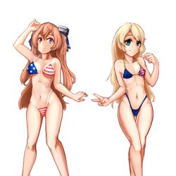Rule 34 | 2girls, american flag bikini, american flag print, bikini, blonde hair, blue bikini, blue eyes, blue ribbon, breasts, castyx, collarbone, commission, flag print, hair ornament, hair ribbon, highleg, highleg bikini, highleg swimsuit, highres, jervis (kancolle), johnston (kancolle), kantai collection, light brown hair, long hair, looking at viewer, medium breasts, multiple girls, navel, print bikini, red eyes, ribbon, simple background, small breasts, smile, standing, swimsuit, thigh gap, two side up, union jack, v, white background