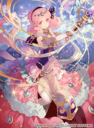 Rule 34 | 1girl, company name, curly hair, day, dress, fire emblem, fire emblem cipher, fire emblem echoes: shadows of valentia, flower, genny (fire emblem), jewelry, kotetsu (popeethe), long hair, magic circle, mountain, necklace, nintendo, official art, open mouth, petals, pink eyes, pink hair, sky, solo, sparkle, staff, thighhighs, tiara
