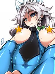Rule 34 | 1girl, alternate costume, belly, blue eyes, bow, braid, breast cutout, breastless clothes, breasts, censored, censored nipples, eyelashes, hair bow, half-closed eyes, izayoi sakuya, large breasts, leotard, lips, long hair, looking afar, maid, maid headdress, navel, necktie, own hands together, silver hair, simple background, solo, star-shaped pupils, star (symbol), star censor, stomach, sweatdrop, symbol-shaped pupils, tajima yuuki, touhou, tsurime, twin braids, white background