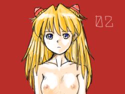 Rule 34 | 1girl, blue eyes, breasts, dokuro-san, long hair, looking at viewer, neon genesis evangelion, nipples, nude, red background, shiny skin, simple background, small breasts, solo, souryuu asuka langley, standing, twintails, upper body