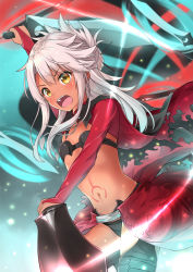 Rule 34 | 1girl, arm up, black cape, black panties, black thighhighs, blush, breasts, bridal gauntlets, brown eyes, cape, chloe von einzbern, commentary request, dark-skinned female, dark skin, dual wielding, fate/kaleid liner prisma illya, fate (series), glowing, hair between eyes, hair bun, holding, holding sword, holding weapon, long hair, looking away, miko fly, multicolored cape, multicolored clothes, navel, open mouth, panties, red cape, silver hair, single hair bun, small breasts, solo, stomach tattoo, sword, tattoo, thighhighs, underwear, weapon