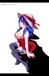 Rule 34 | 1girl, black thighhighs, blue eyes, blue hair, breasts, cleavage, dress, fairy tail, hat, hat ribbon, juvia lockser, large breasts, leg tattoo, long hair, looking at viewer, looking up, lucidsky, matching hair/eyes, ribbon, short dress, sitting, solo, sun hat, tattoo, thighhighs