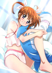 Rule 34 | 1girl, blue eyes, blush, bow, bow panties, brown hair, camisole, closed mouth, commentary request, crotch seam, day, dutch angle, hair ribbon, highres, holding, holding stuffed toy, hugging own legs, ikea shark, indoors, knee up, looking at viewer, lyrical nanoha, mahou shoujo lyrical nanoha, midriff, miyajima hitoshi, navel, on bed, panties, pink camisole, pink panties, pink shirt, ribbon, shirt, short hair, sitting, smile, solo, strap slip, stuffed animal, stuffed shark, stuffed toy, sunlight, takamachi nanoha, twintails, underwear, underwear only, white ribbon, window