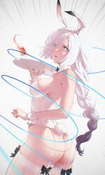Rule 34 | 1girl, alternate costume, animal ears, ass, blue eyes, blue string, blush, braid, breasts, commentary, cowboy shot, cup, drink, emphasis lines, fake animal ears, fake tail, garter straps, genshin impact, grey background, hair over one eye, highres, holding, holding tray, ker0nit0, leotard, long hair, low-braided long hair, low-tied long hair, medium breasts, open mouth, parted bangs, playboy bunny, rabbit ears, rabbit tail, shenhe (genshin impact), sideboob, simple background, solo, spill, standing, strapless, strapless leotard, string, symbol-only commentary, tail, thighhighs, tray, white hair, white leotard, white thighhighs, wrist cuffs