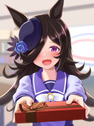 Rule 34 | absurdres, animal ears, black hair, blurry, blurry background, blush, commentary request, gift, giving, hair over one eye, hat, highres, horse ears, horse girl, horse tail, kurage-jellyfish, open mouth, pov, purple eyes, ribbon, rice shower (umamusume), school uniform, tail, tracen school uniform, umamusume, valentine
