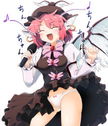 Rule 34 | 1girl, :d, ^ ^, blush, bow, bow panties, bowtie, breasts, brooch, brown dress, brown hat, closed eyes, commentary request, cowboy shot, dress, earrings, eighth note, fingernails, gluteal fold, hands up, hat, head wings, highres, jewelry, juliet sleeves, long sleeves, medium breasts, mob cap, musical note, mystia lorelei, nail polish, open mouth, panties, pink bow, pink bowtie, pink hair, pink nails, puffy sleeves, sharp fingernails, shirt, short hair, simple background, smile, solo, standing, tada no nasu, thighs, touhou, translation request, underwear, white background, white panties, white shirt, wings