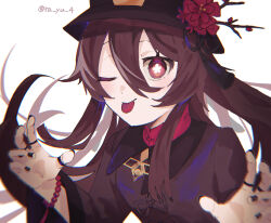 Rule 34 | 1girl, ;p, bead bracelet, beads, black hat, black nails, bracelet, bright pupils, brown coat, brown hair, coat, flower, flower-shaped pupils, genshin impact, hair between eyes, hat, hat flower, hat tassel, highres, hu tao (genshin impact), jewelry, kaiko (pixiv 42903528), light blush, long hair, long sleeves, looking at viewer, one eye closed, orange eyes, simple background, solo, symbol-shaped pupils, tongue, tongue out, twintails, twitter username, upper body, white background, white pupils