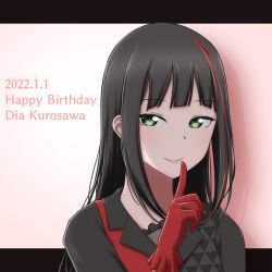 Rule 34 | 1girl, artist name, artist request, azalea (love live!), black border, black dress, black hair, blunt bangs, border, breasts, buttons, collarbone, dress, earrings, female focus, finger to mouth, green eyes, himitsu no story (love live!), jewelry, kurosawa dia, long hair, long sleeves, looking at viewer, love live!, love live! school idol festival, love live! sunshine!!, mole, mole under mouth, multicolored hair, pink background, pink lips, red dress, shorts under dress, small breasts, solo, the secret story (love live!), triangle print, two-tone dress, upper body, we&#039;ll get the next dream (love live!), white background