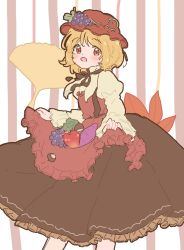 Rule 34 | 1girl, aki minoriko, apple, apron, apron basket, apron hold, autumn leaves, black ribbon, black skirt, blonde hair, brown ribbon, brown skirt, chestnut, dot nose, feet out of frame, food, food-themed hat ornament, frilled apron, frilled skirt, frills, fruit, fruit hat ornament, ginkgo leaf, grapes, hat, hat ornament, holding, holding food, holding fruit, juliet sleeves, leaf, light blush, long skirt, long sleeves, looking at viewer, mob cap, neck ribbon, one-hour drawing challenge, open mouth, orange eyes, puffy sleeves, red apron, red eyes, red hat, ribbon, sakurasaka, shirt, short hair, skirt, solo, striped, striped background, sweet potato, touhou, wide sleeves, yellow shirt