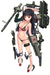 Rule 34 | 1girl, absurdres, akasaai, arm behind head, bikini, black bikini, black hair, blush, breasts, choker, drum magazine, expressionless, full body, groin, gun, highres, holding, holding weapon, knee pads, large breasts, long hair, looking at viewer, machinery, magazine (weapon), navel, red eyes, red star, rocket launcher, same ningen, sofia (same ningen), solo, standing, star (symbol), star print, stomach, swimsuit, toned, very long hair, weapon