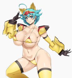 Rule 34 | 10s, 1girl, ahoge, ameoto, bikini, blue eyes, blue hair, blush, breasts, cleavage, commentary request, covered erect nipples, elbow gloves, gloves, gundam, gundam build divers, headpiece, highres, large breasts, looking at viewer, micro bikini, nami (gundam build divers), nanase nanami (gundam build divers), salute, shiny skin, short hair, skindentation, smile, solo, swimsuit, thighhighs, yellow bikini, yellow thighhighs