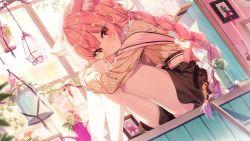 Rule 34 | 1girl, animal ear fluff, animal ears, braid, cat ears, cat tail, extra ears, flower, hanging light, highres, hugging own legs, long hair, looking at viewer, original, photo (object), pink hair, plant, portrait (object), shnva, single braid, sitting, skirt, sunlight, tail, vase, very long hair, window