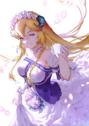 Rule 34 | 1girl, arknights, bare shoulders, blonde hair, blue eyes, breasts, chinese commentary, commentary request, dress, female focus, hair between eyes, highres, horns, large breasts, long hair, looking at viewer, nanxianyiduan, official alternate costume, saileach (appreciate fragrance) (arknights), saileach (arknights), simple background, smile, solo, very long hair, white background, white dress