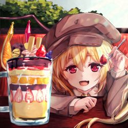 Rule 34 | 1girl, :d, alternate costume, alternate headwear, arm rest, arm up, blonde hair, blue sky, blueberry, blush, booth seating, brown hat, brown jacket, collared shirt, commentary request, cup, day, fang, flandre scarlet, flat cap, food, fruit, hair between eyes, hat, highres, holding, holding spoon, ice cream, jacket, light rays, long sleeves, looking at viewer, mug, one side up, open mouth, orange (fruit), orange slice, outdoors, parfait, red eyes, shirt, skin fang, sky, smile, solo, spoon, strawberry, sunbeam, sunlight, table, torottye, touhou, tree, wafer stick, white shirt, wings