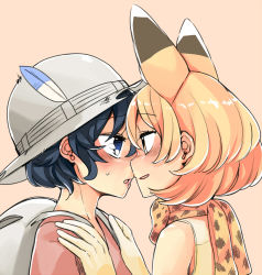 Rule 34 | 10s, 2girls, animal ears, apple12th, backpack, bag, bare shoulders, black hair, blonde hair, blue eyes, blush, brown eyes, bucket hat, eye contact, from side, grey hat, hands on another&#039;s shoulders, hat, hat feather, highres, imminent kiss, kaban (kemono friends), kemono friends, looking at another, multiple girls, nose blush, orange background, parted lips, profile, red shirt, scarf, serval (kemono friends), shirt, short hair, sideways mouth, simple background, sleeveless, smile, upper body, yellow scarf, yuri