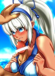 Rule 34 | 1girl, bad id, bad pixiv id, bar censor, bikini, blue eyes, blush, breasts, breasts squeezed together, censored, clothed female nude male, covered erect nipples, dark skin, hair ribbon, hairband, hand on another&#039;s head, large breasts, long hair, looking up, majikina mina, nude, ocean, paizuri, paizuri under clothes, penis, piyopiyomen, ponytail, ribbon, samurai spirits, sideboob, silver hair, snk, solo focus, swimsuit
