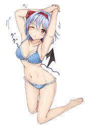 Rule 34 | 1girl, ;o, absurdres, amagi (amagi626), armpits, arms up, barefoot, bat wings, blue bra, blue hair, blue panties, blush, bow, bow panties, bra, breasts, cleavage, collarbone, commentary request, eyelashes, full body, highres, kneeling, light blue hair, looking at viewer, medium breasts, mini wings, navel, one eye closed, open mouth, panties, red eyes, remilia scarlet, short hair, simple background, solo, stomach, thighs, touhou, underwear, white background, wings