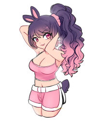Rule 34 | 1girl, :3, absurdres, animal ears, breasts, camisole, cleavage, commentary, cropped legs, gradient hair, hands in hair, high ponytail, highres, indie virtual youtuber, large breasts, midriff, mimiipyon, multicolored hair, navel, pepon (vtuber), pink camisole, pink eyes, pink hair, pink shorts, purple hair, rabbit ears, rabbit girl, shorts, solo, twitter username, virtual youtuber, wavy hair