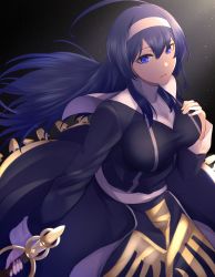 Rule 34 | 1girl, ahoge, black background, black dress, blue eyes, blue hair, breasts, dress, gaien (jin morisono), hair between eyes, hairband, hand on own chest, highres, holding, holding weapon, large breasts, long dress, long hair, long sleeves, looking at viewer, orie ballardiae harada, parted lips, print dress, solo, under night in-birth, upper body, weapon, white hairband