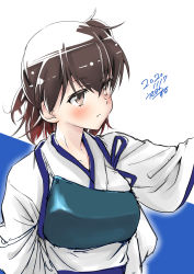 Rule 34 | 1girl, blue hakama, brown eyes, brown hair, dated, hakama, hakama short skirt, hakama skirt, highres, japanese clothes, kaga (kancolle), kantai collection, long hair, looking to the side, muneate, side ponytail, signature, simple background, skirt, solo, tasuki, two-tone background, upper body, usami (50-point caliper), white background