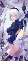 Rule 34 | 1girl, 2b (nier:automata), absurdres, artist name, black gloves, black hairband, black shirt, breasts, chinese commentary, closed mouth, commentary, cowboy shot, dated, dual wielding, elbow gloves, feather-trimmed sleeves, from side, gloves, green eyes, hair between eyes, hairband, hand up, heattech leotard, highleg, highleg leotard, highres, holding, holding sword, holding weapon, juliet sleeves, katana, leotard, long sleeves, looking away, medium breasts, medium hair, multicolored clothes, multicolored gloves, nier:automata, nier (series), no blindfold, puffy sleeves, shirt, skeletoner blackshining, solo, sword, thighhighs, turtleneck, weapon, white gloves, white hair, white leotard