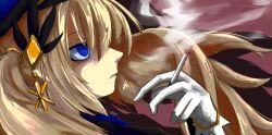 Rule 34 | 1girl, blonde hair, blue hat, chaos gerda (gakuen) (grimms notes), chocoika, cigarette, empty eyes, gloves, grimms notes, hat, highres, holding, holding cigarette, long hair, looking up, red background, smoke, smoking, solo, teeth, upper body, white gloves