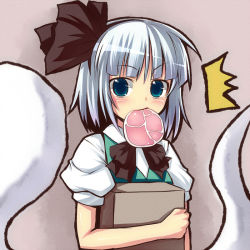 Rule 34 | ^^^, 1girl, black bow, black ribbon, blue eyes, blush, bow, bowtie, food, food in mouth, hair ribbon, hairband, hitodama, konpaku youmu, konpaku youmu (ghost), looking at viewer, meat, mouth hold, puffy short sleeves, puffy sleeves, ribbon, saemon (tonpura), short hair, short sleeves, silver hair, solo, touhou, upper body, vest