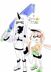 Rule 34 | 2girls, abyssal ship, bad id, bad twitter id, boots, breasts, claws, cosplay, crossover, detached sleeves, fangs, height difference, high collar, inkling, inkling girl, inkling player character, kadokawa shoten, kantai collection, large breasts, long hair, monster girl, multiple girls, nintendo, open mouth, orange hair, pointy ears, seaport princess, shoes, short hair, sneakers, splat roller (splatoon), splatoon (series), splatoon 1, splattershot (splatoon), super soaker, tentacle hair, tentacles, torichamaru, translation request, visor cap, white hair