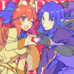 Rule 34 | 10s, 2girls, animal ears, blue eyes, blue hair, braid, brown eyes, medea (fate), fang, fate/extra, fate/stay night, fate (series), fox ears, fox tail, hair ribbon, heart, heart hands, heart hands duo, kon manatsu, long hair, multiple girls, one eye closed, pink hair, pointy ears, ribbon, sexy44, tail, tamamo no mae (fate/extra), twintails, wink