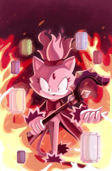 Rule 34 | 1girl, absurdres, animal ears, blaze the cat, burning blaze, cat ears, cat girl, cat tail, fire, forehead jewel, fur-trimmed footwear, fur-trimmed gloves, fur trim, furry, furry female, gloves, highres, jacket, jeweled scepter, looking at viewer, pants, pink fur, ponytail, rechi c, red jacket, sol emerald, sonic (series), tail, white gloves, white pants