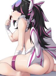 Rule 34 | 1girl, absurdres, act (xadachit), arm between legs, ass, back bow, bandaged wrist, bandages, black hair, bow, breasts, commentary request, commission, girls&#039; frontline, girls&#039; frontline neural cloud, highres, large breasts, licking, long hair, looking at viewer, multicolored hair, nipples, official alternate costume, purple eyes, purple hair, simple background, sitting, solo, thigh strap, thighs, tongue, tongue out, topless, vee (addictive affections) (neural cloud), vee (neural cloud), wariza, white background