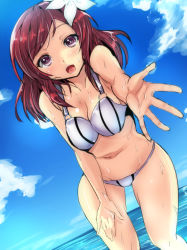 Rule 34 | 10s, 1girl, bikini, blush, breasts, cleavage, cloud, cowboy shot, day, dutch angle, flower, gin&#039;ichi (akacia), hair flower, hair ornament, leaning forward, looking at viewer, love live!, love live! school idol festival, love live! school idol project, medium breasts, navel, nishikino maki, ocean, open mouth, outstretched arm, outstretched hand, purple eyes, red hair, short hair, sky, smile, solo, swimsuit, wet