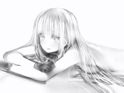 Rule 34 | 1girl, bad id, bad pixiv id, breast press, closed mouth, copyright request, gloves, greyscale, highres, jitome, long hair, looking at viewer, lying, monochrome, nanashi (nlo), nude, on stomach, simple background, smile, solo, upper body, white background