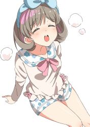 Rule 34 | 1girl, arm support, blue bow, blush, bow, bowtie, closed eyes, collarbone, commentary request, djpwjd1, floral print, furrowed brow, grey hair, hair bow, highres, long sleeves, love live!, love live! superstar!!, open mouth, pink bow, pink bowtie, shirt, short hair, shorts, sitting, solo, tang keke, teeth, upper body, upper teeth only, white background, white shirt, white shorts