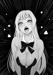 Rule 34 | 1girl, @ @, animal ears, artist name, bare shoulders, bow, bowtie, brassica, breasts, cleavage, detached collar, greyscale, heart, highres, large breasts, leotard, long hair, monochrome, open mouth, original, photo-referenced, playboy bunny, rabbit ears, real life, saliva, solo, strapless, strapless leotard, thick eyelashes, tongue, tongue out