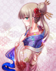 Rule 34 | 1boy, blonde hair, blue eyes, blue hair, blush, captain nemo (fate), fate/grand order, fate (series), flower, gradient hair, green eyes, hair ornament, highres, japanese clothes, kimono, long hair, looking at viewer, male focus, multicolored hair, nemo (fate), new year, open mouth, shell ocean, solo, very long hair, wide sleeves