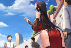 Rule 34 | 1girl, absurdres, ass, bare shoulders, black hair, breasts, china dress, chinese clothes, cloud, day, detached sleeves, dress, fat, fat man, flower, from behind, from below, hair flower, hair ornament, hand up, highres, house, huge breasts, kcccc, legs, long hair, netorare, no eyes, open mouth, original, outdoors, shirt, sky, standing, thighhighs, thighs, tree, waving, white shirt