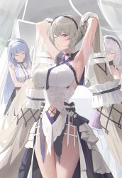 Rule 34 | 3girls, armpits, arms up, azur lane, bare shoulders, breasts, closed eyes, dido (azur lane), dress, formidable (azur lane), formidable (timeless classics) (azur lane), grey hair, highres, hood (james x), long hair, looking at viewer, multiple girls, navel, official alternate costume, red eyes, short hair, sirius (azur lane), smile, solo focus, twintails, two-tone dress, very long hair