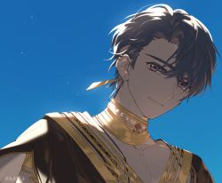Rule 34 | 1boy, blue sky, closed mouth, earrings, egyptian clothes, jewelry, koeda (k83 4), looking at viewer, marius von hagen (tears of themis), necklace, outdoors, purple eyes, purple hair, short hair, sky, smile, solo, tears of themis, twitter username
