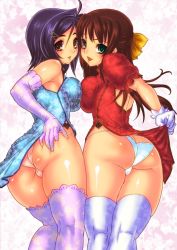 Rule 34 | 2girls, ass, asymmetrical docking, bad id, bad pixiv id, breast press, breasts, cameltoe, china dress, chinese clothes, curvy, dress, elbow gloves, from behind, gloves, highres, impossible clothes, impossible dress, large breasts, long hair, looking at viewer, looking back, multiple girls, open mouth, original, panties, rokko, shiny skin, short hair, smile, symmetrical docking, thighhighs, thong, underwear, white thighhighs